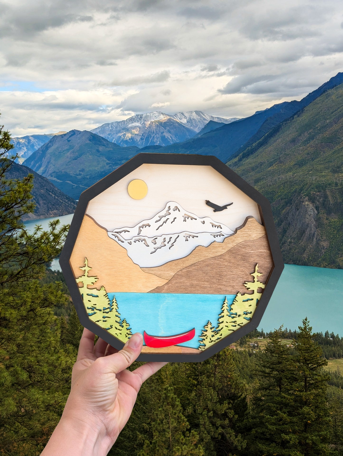 Mountain Lake Wood Art with Canoe - 3D Layered Wall Decor