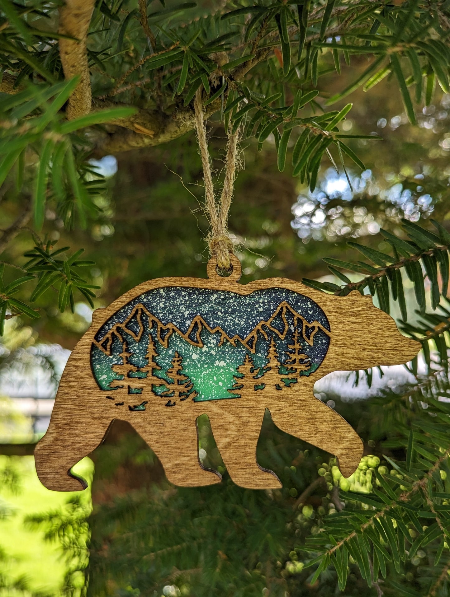 Wooden Northern Lights Bear Christmas Ornament
