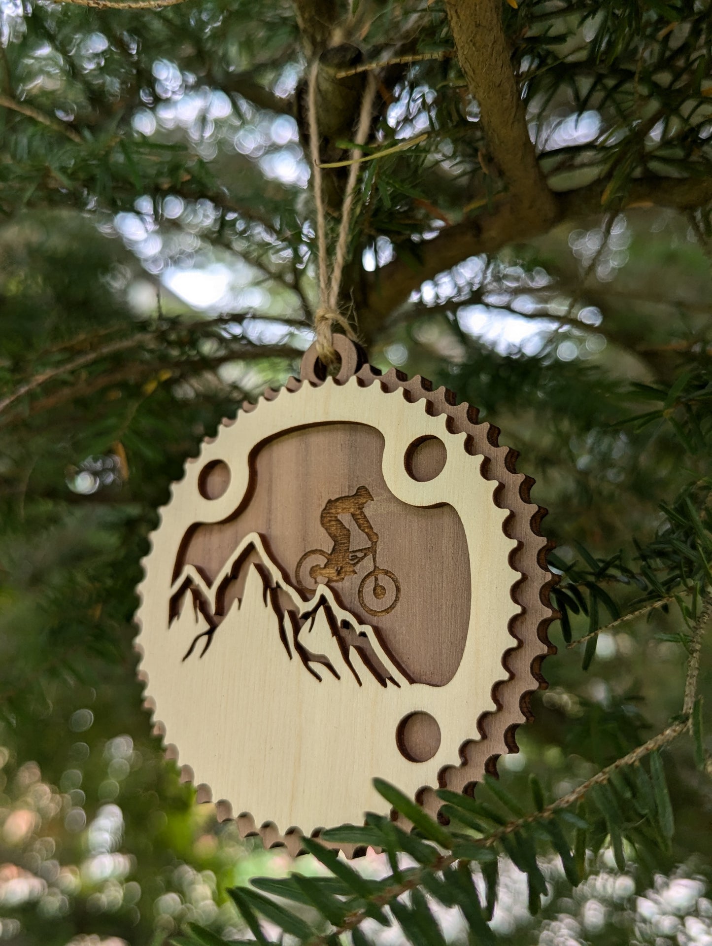 Wooden Mountain Biking Christmas Ornament
