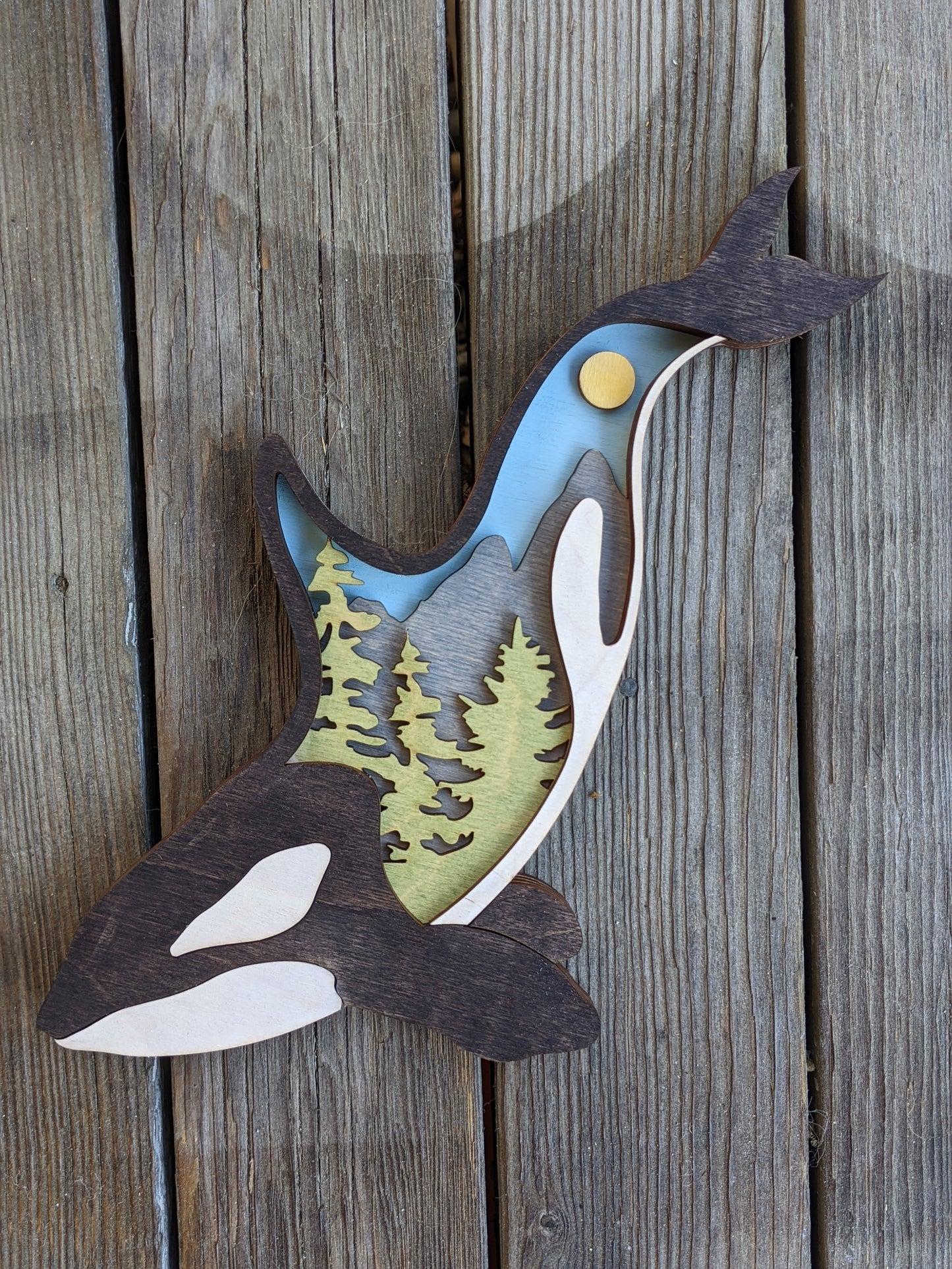 3D Layered Wooden Orca Art / Orca shaped layered mountain scene Artwork 50.00