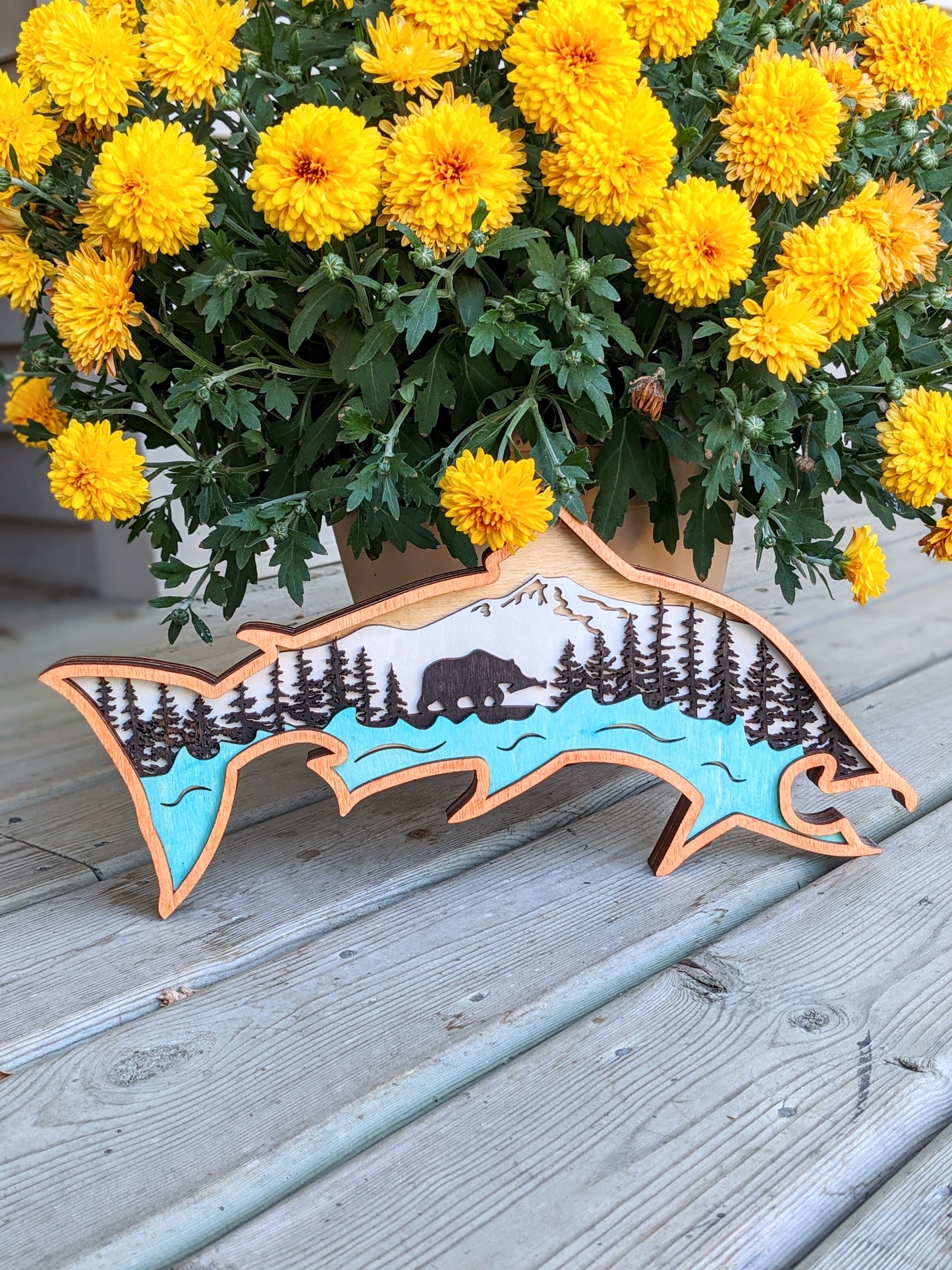 3D Layered Wooden Salmon Art / Salmon shaped layered mountain river scene Animal Art 50.00