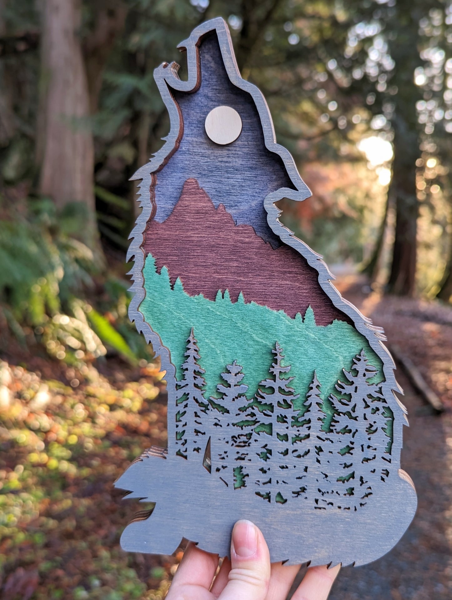 3D Layered Wooden Sitting Wolf art / Wolf shaped layered mountain scene
