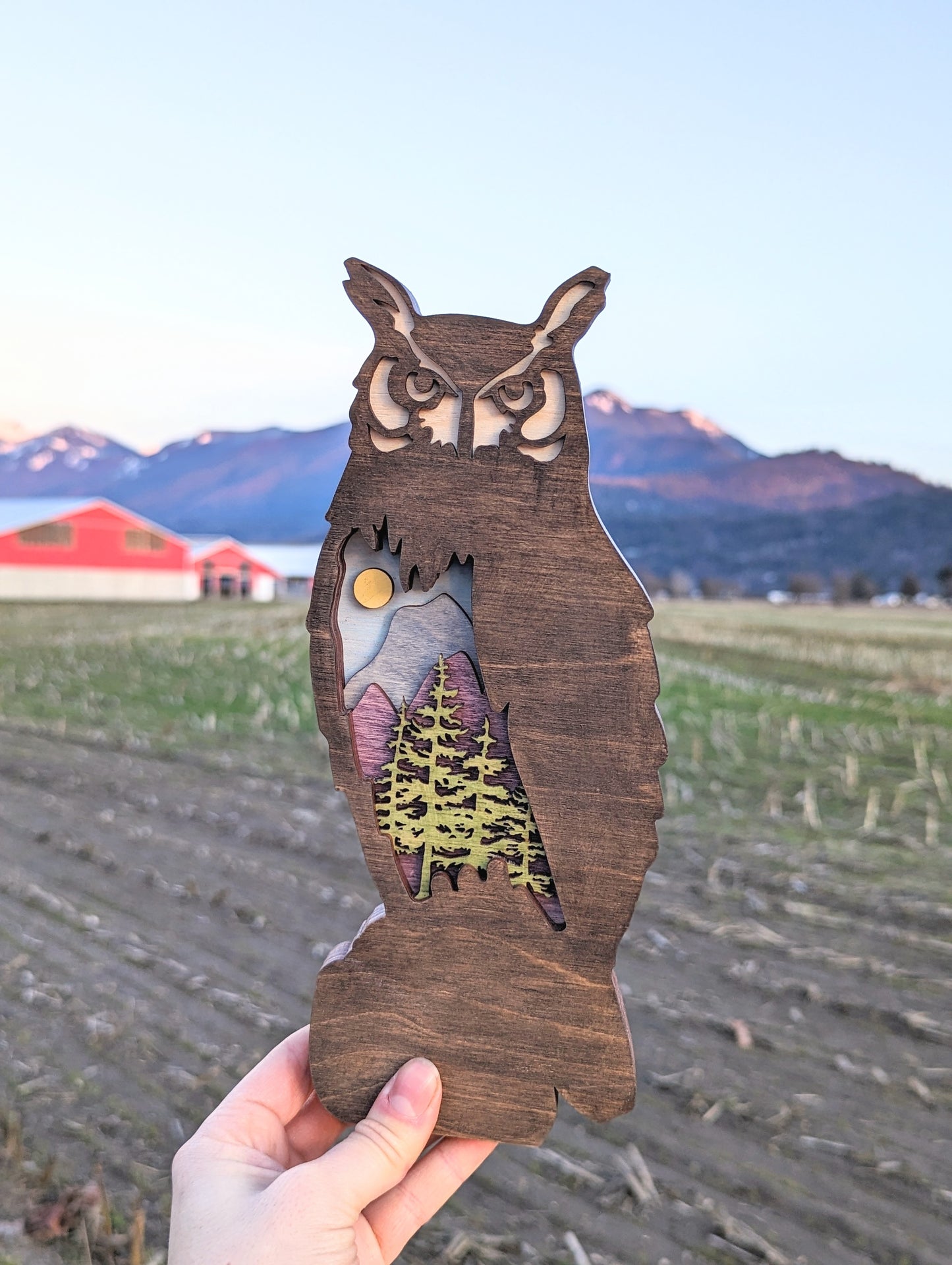 3D Layered Wooden Owl Art / Owl shaped layered mountain scene