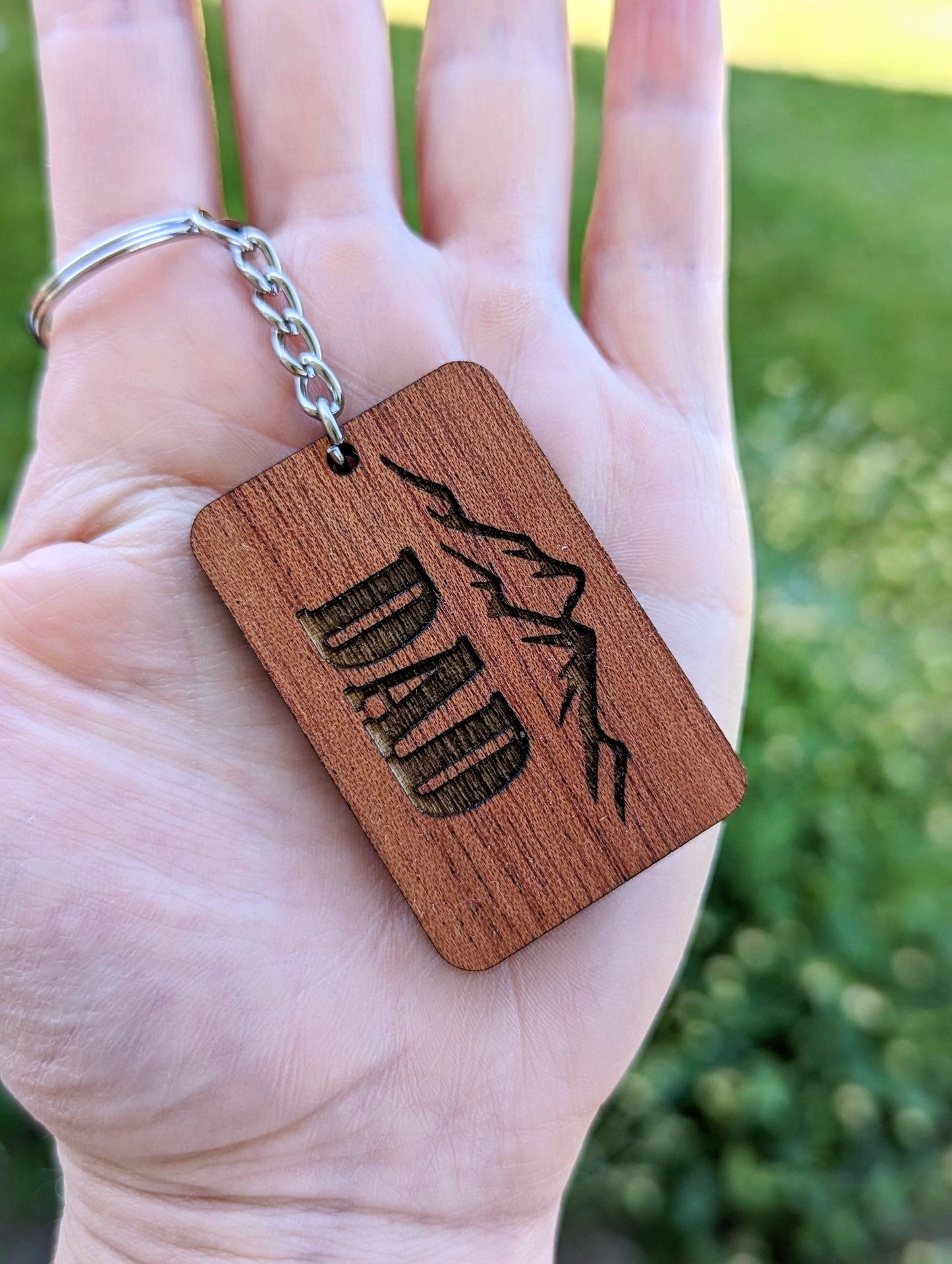 Wooden Dad Keychain with mountain design