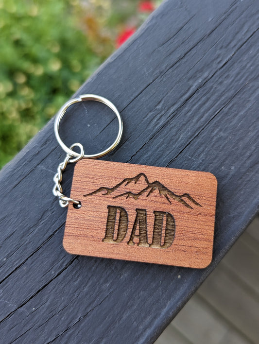 Wooden Dad Keychain with mountain design