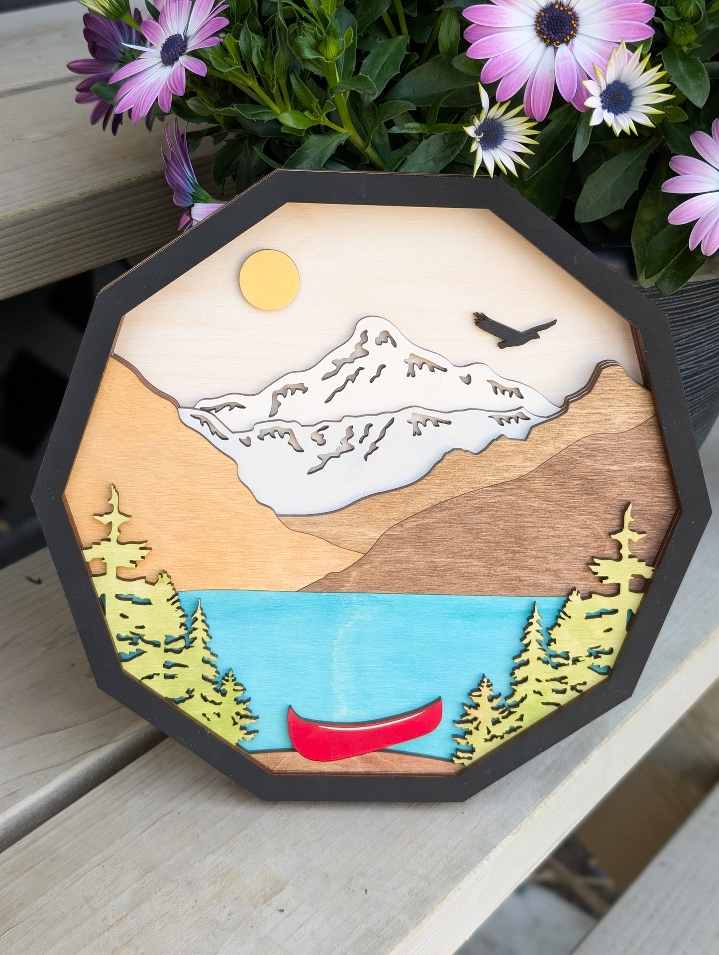Mountain Lake Wood Art with Canoe - 3D Layered Wall Decor