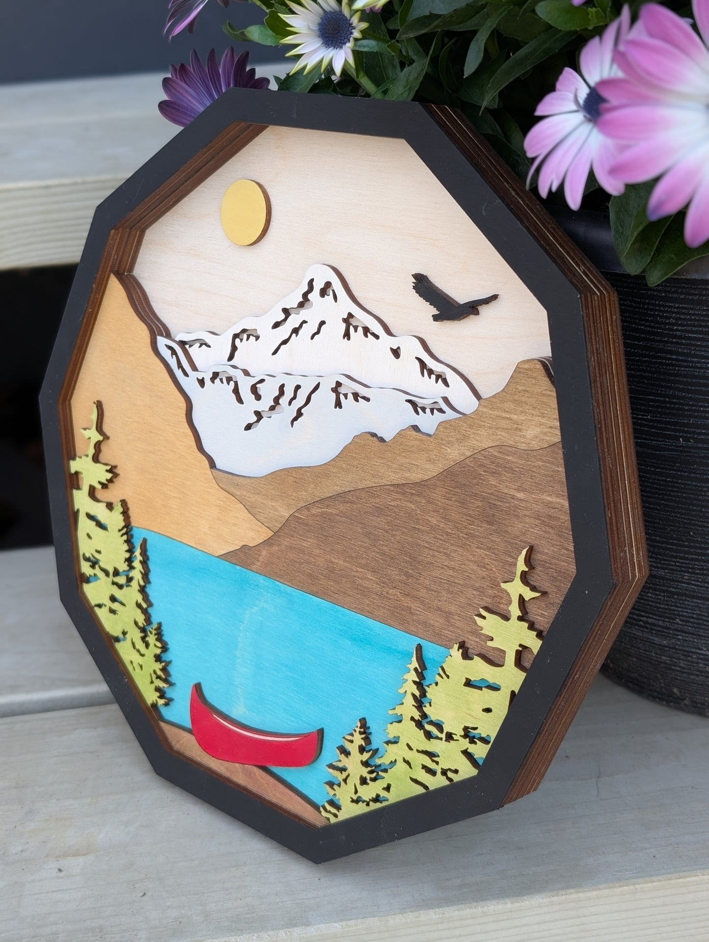 Mountain Lake Wood Art with Canoe - 3D Layered Wall Decor