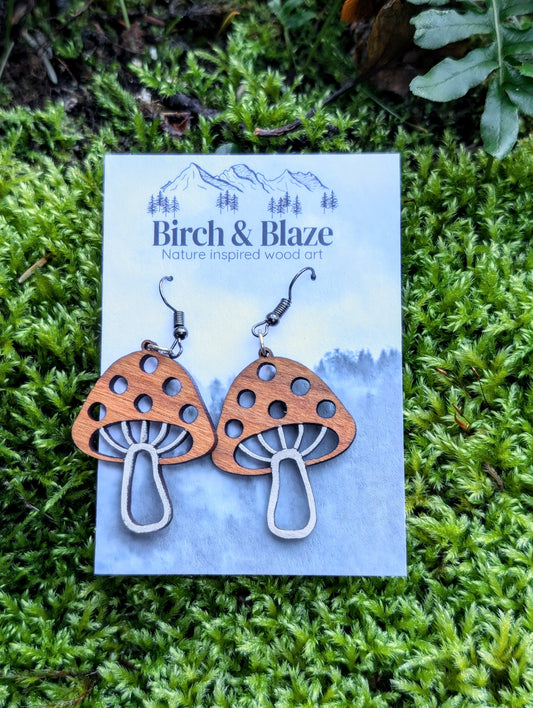 Dangly Wooden Mushroom Earrings