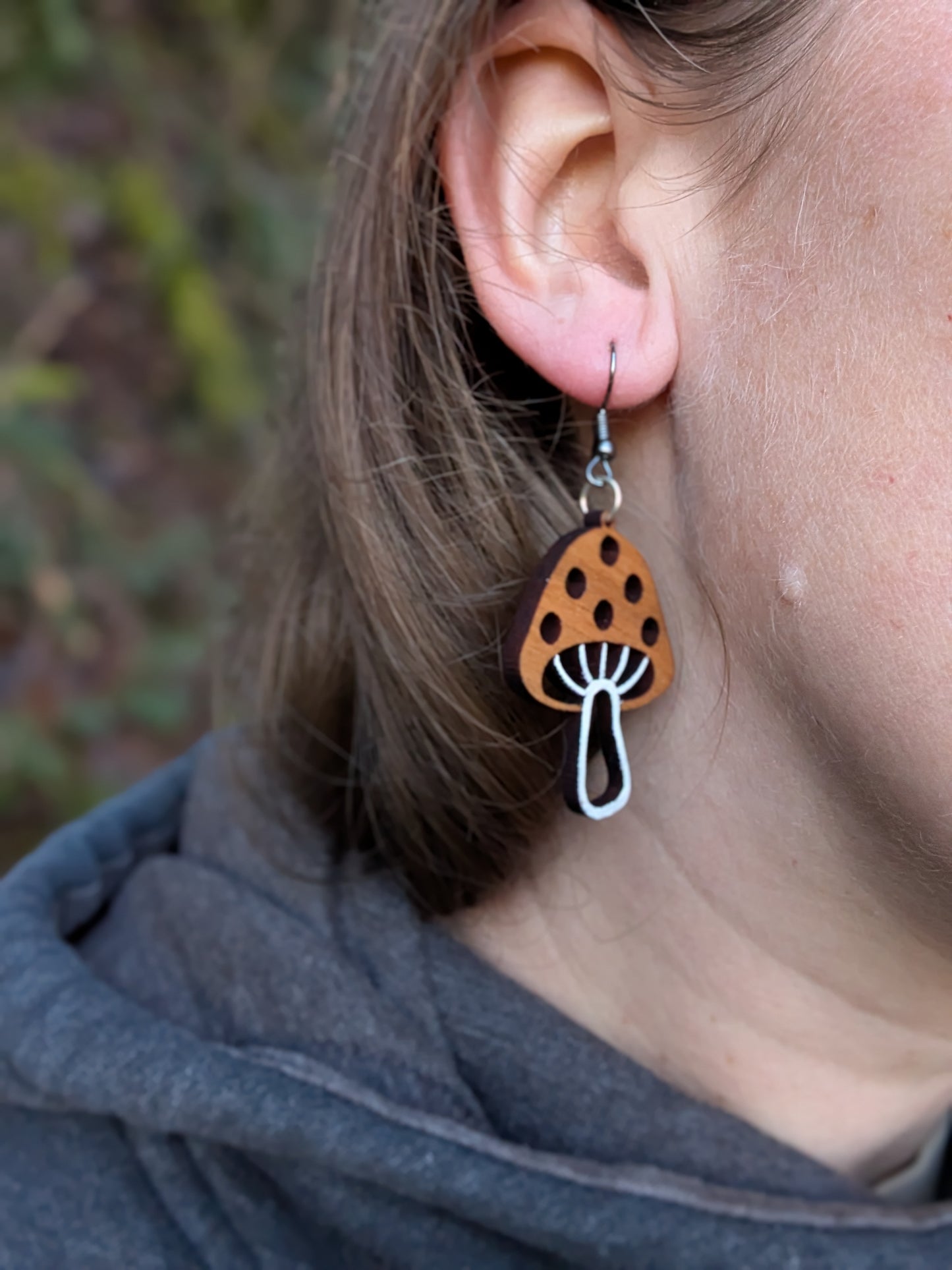 Dangly Wooden Mushroom Earrings