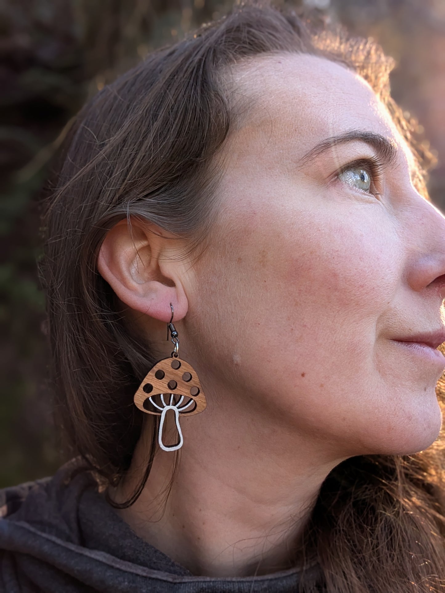 Dangly Wooden Mushroom Earrings