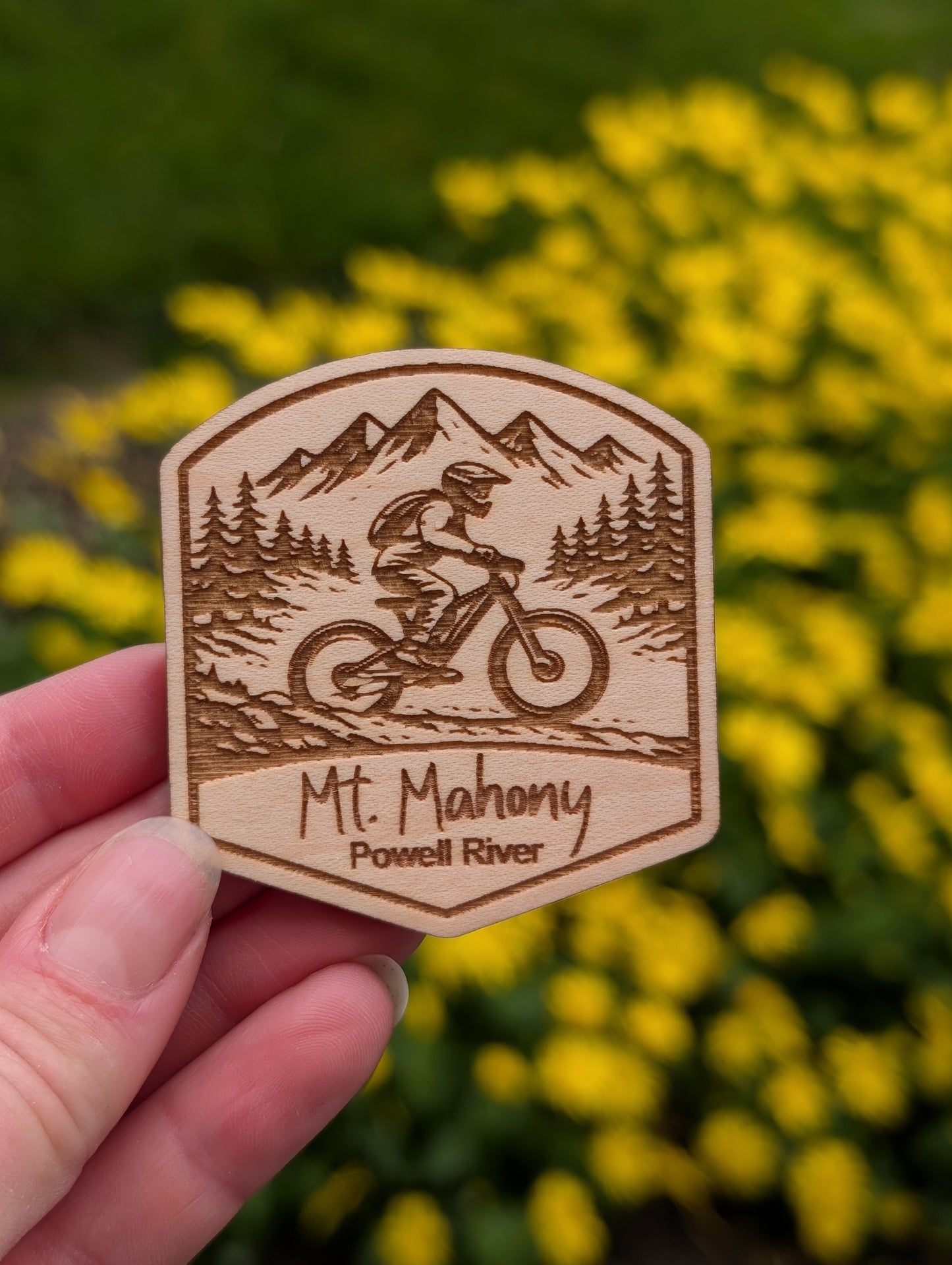 Wooden Mountain Biking Magnet or keychain