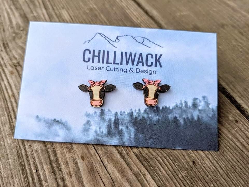 Hand-painted Cow Wooden Earring Studs