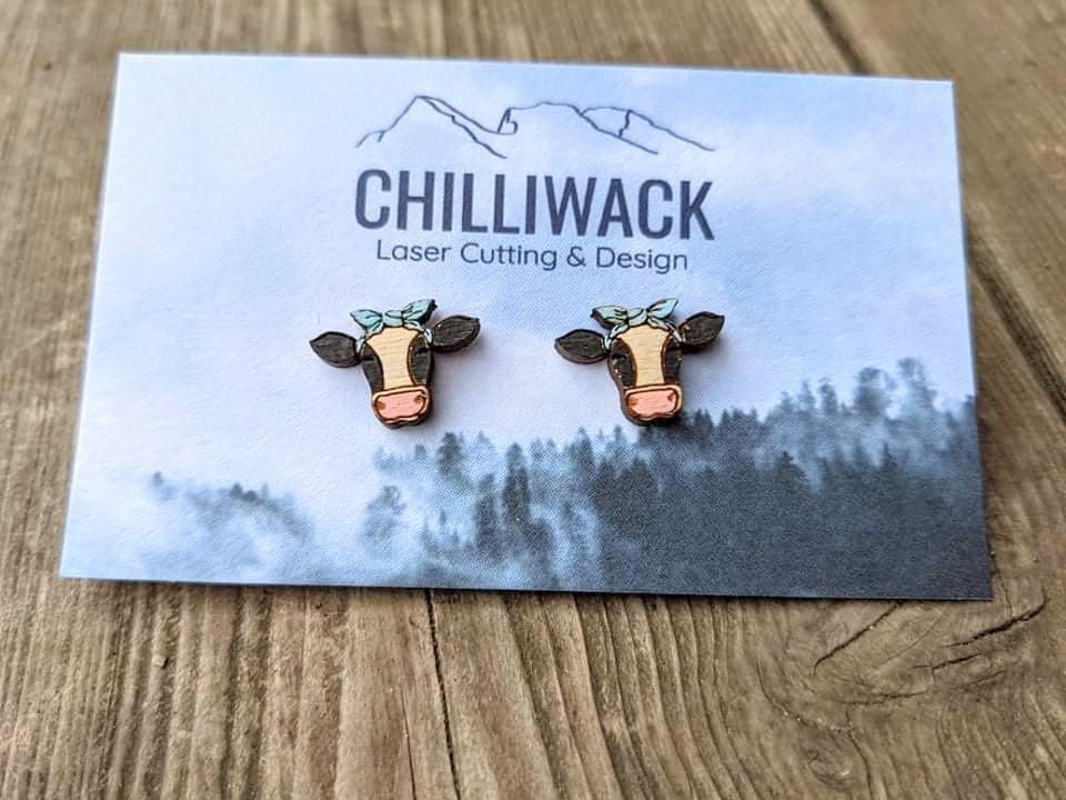 Hand-painted Cow Wooden Earring Studs
