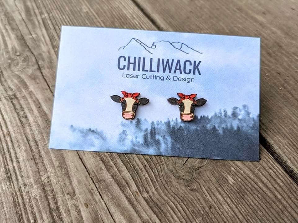 Hand-painted Cow Wooden Earring Studs