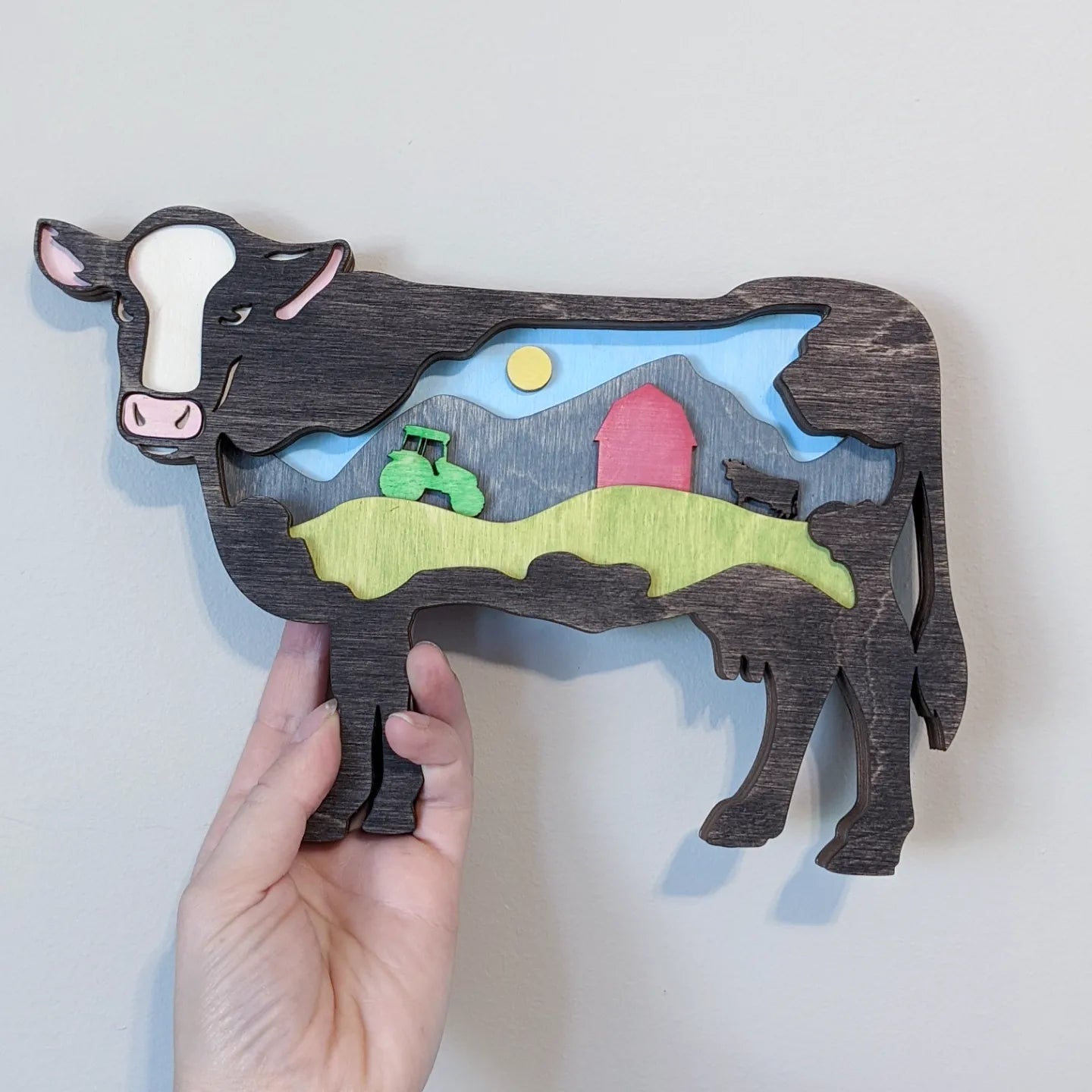 3D Layered Wooden Cow Art / Cow shaped layered farm scene Artwork 50.00