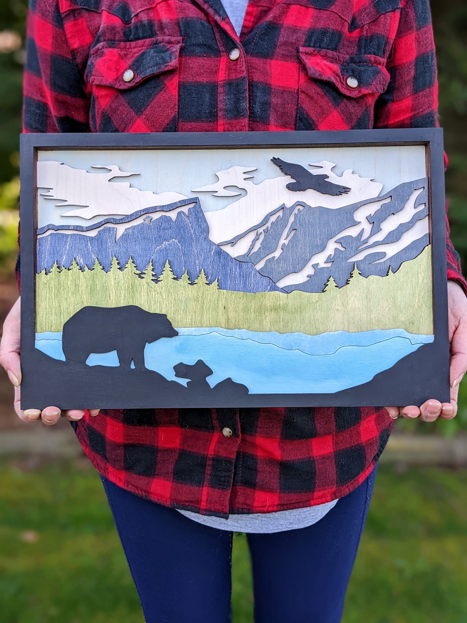 3D Layered bear, river, and mountains scene Artwork 120.00