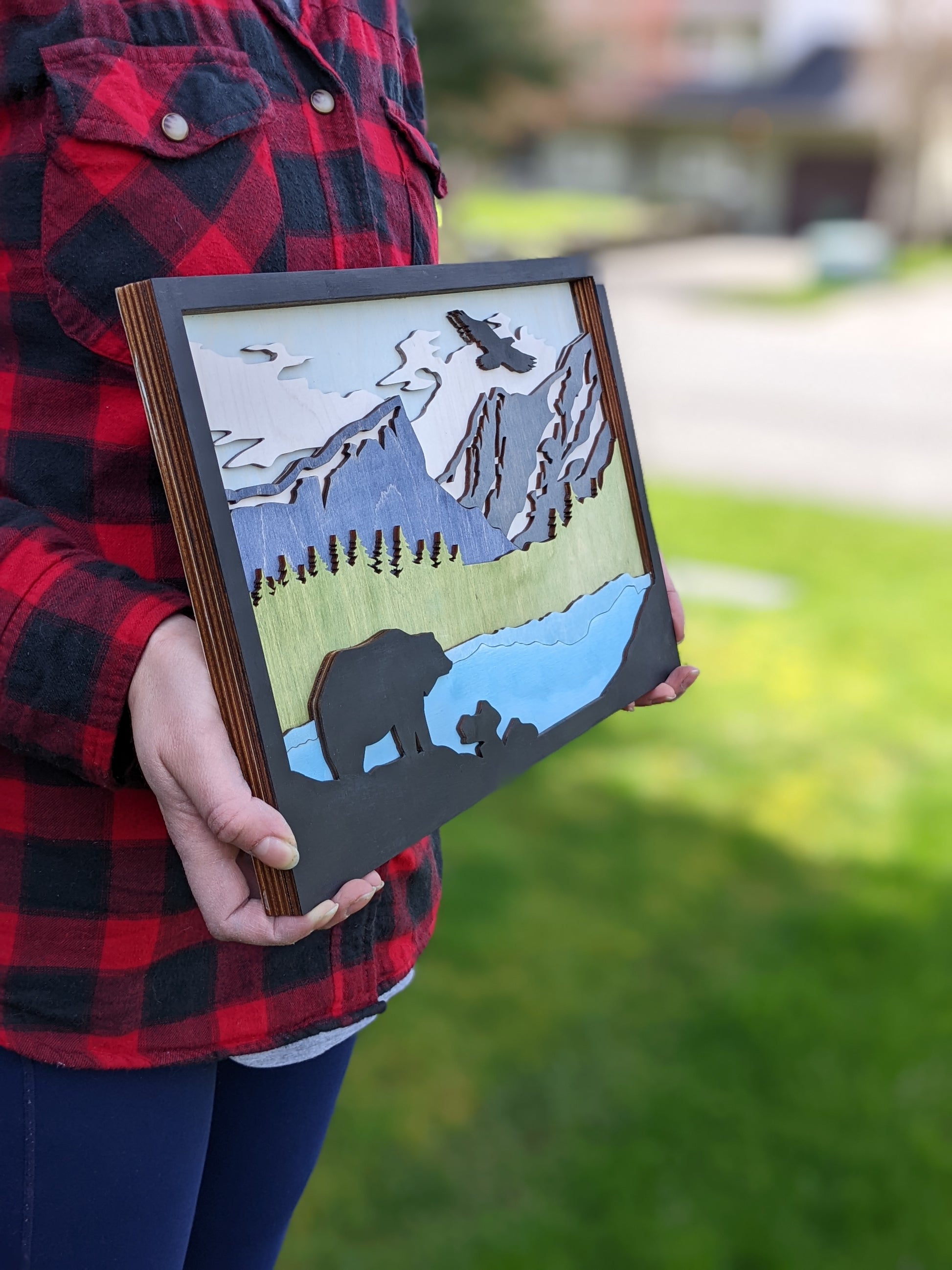 3D Layered bear, river, and mountains scene Artwork 120.00