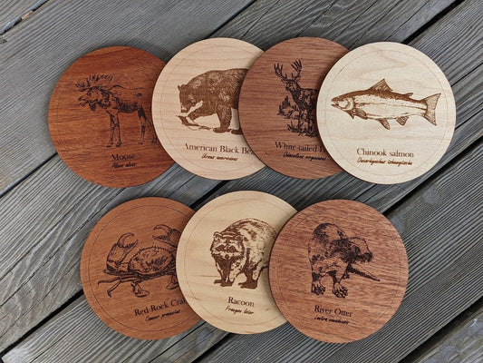 Wooden coasters with animals native to British Columbia Coaster 8.00