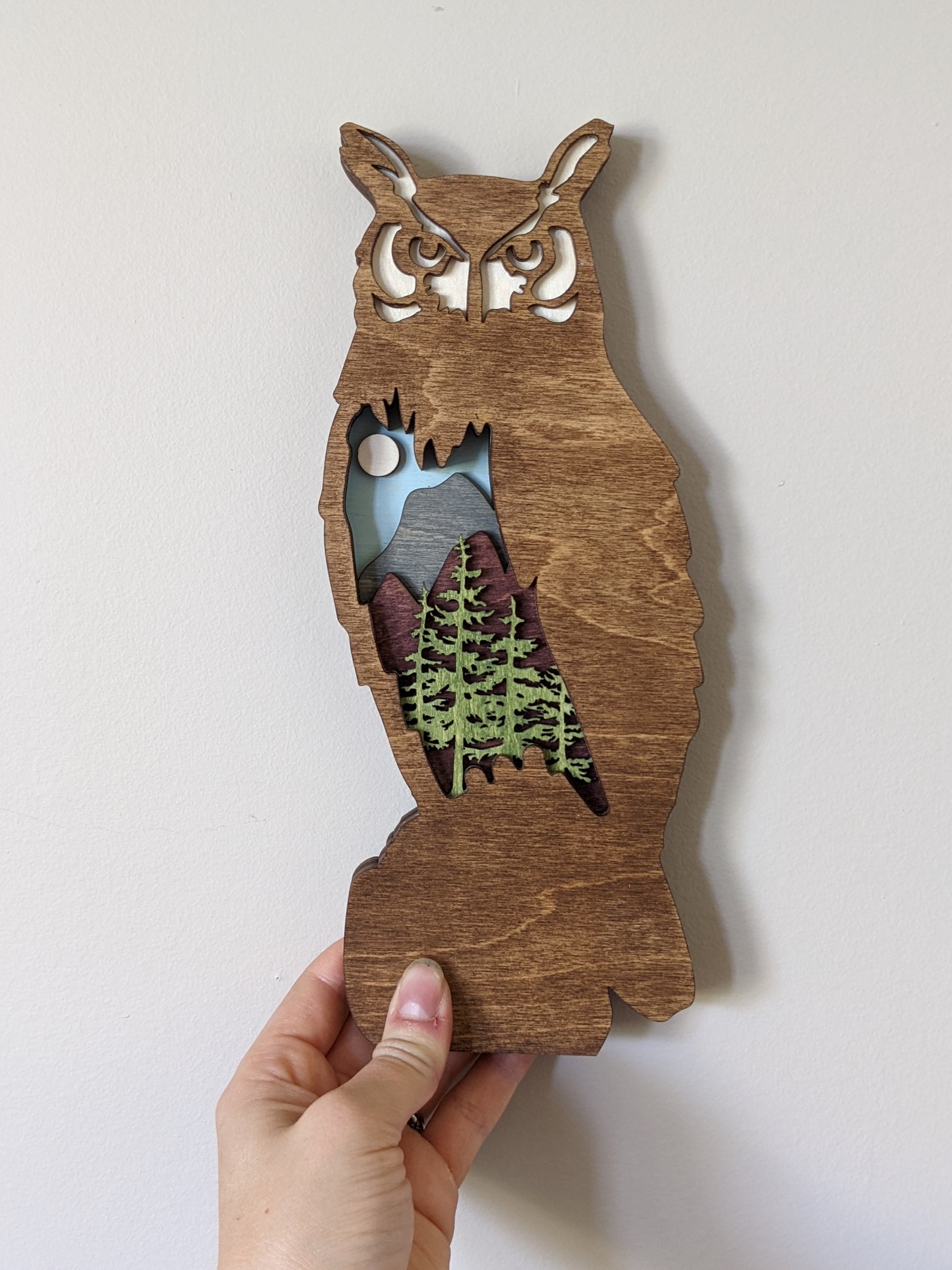 3D Layered Wooden Owl Art / Owl shaped layered mountain scene Artwork 50.00