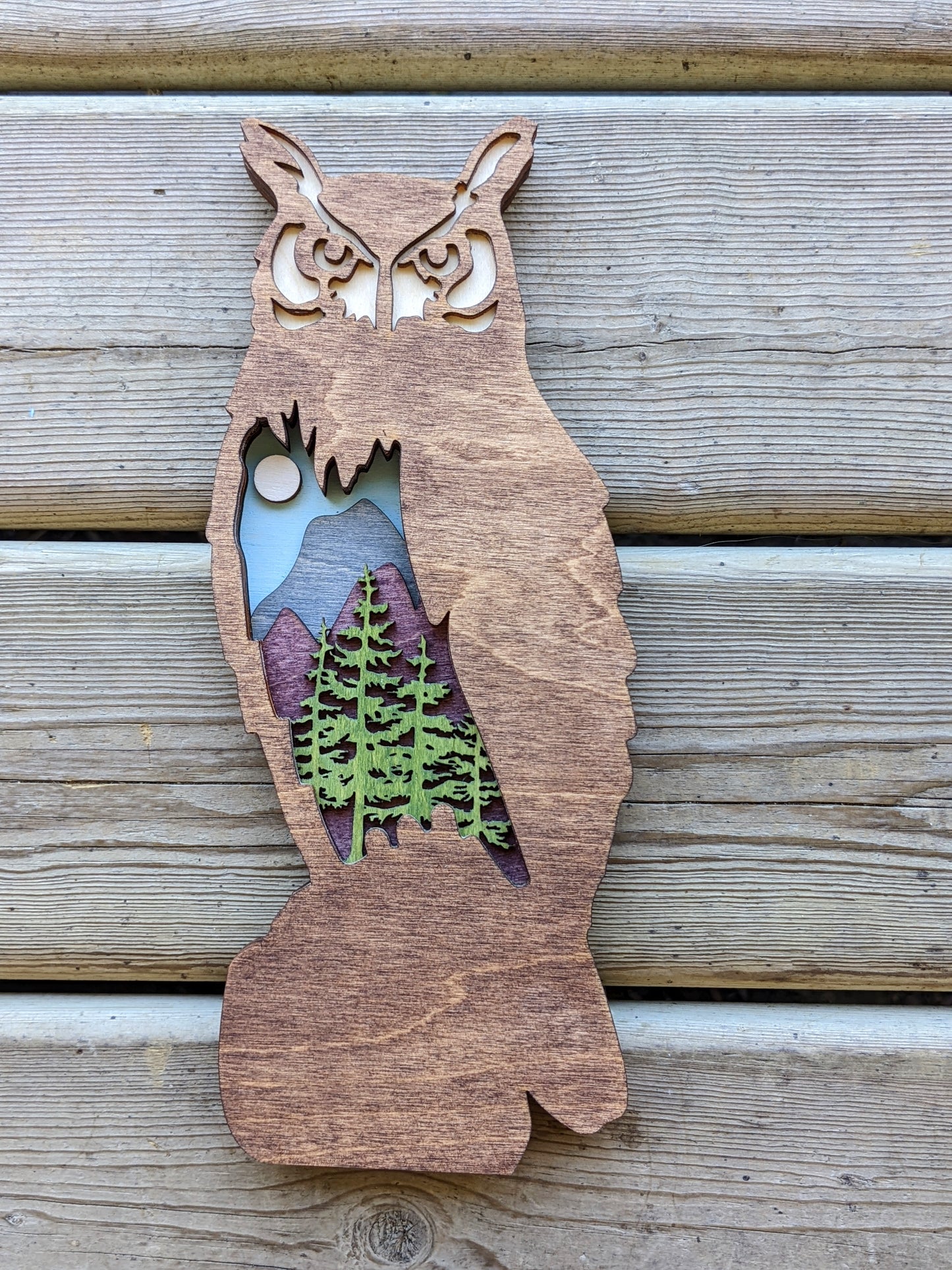 3D Layered Wooden Owl Art / Owl shaped layered mountain scene Artwork 50.00