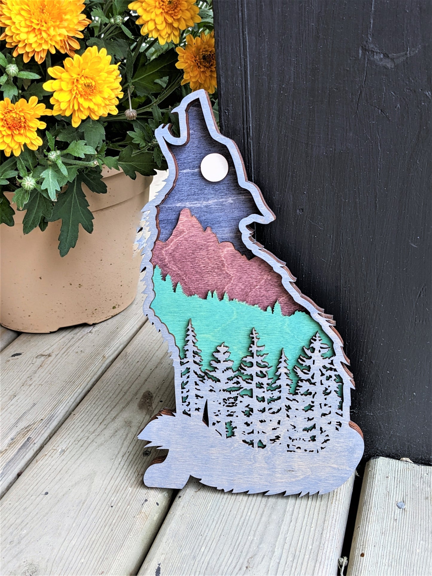3D Layered Wooden Sitting Wolf art / Wolf shaped layered mountain scene Artwork 50.00