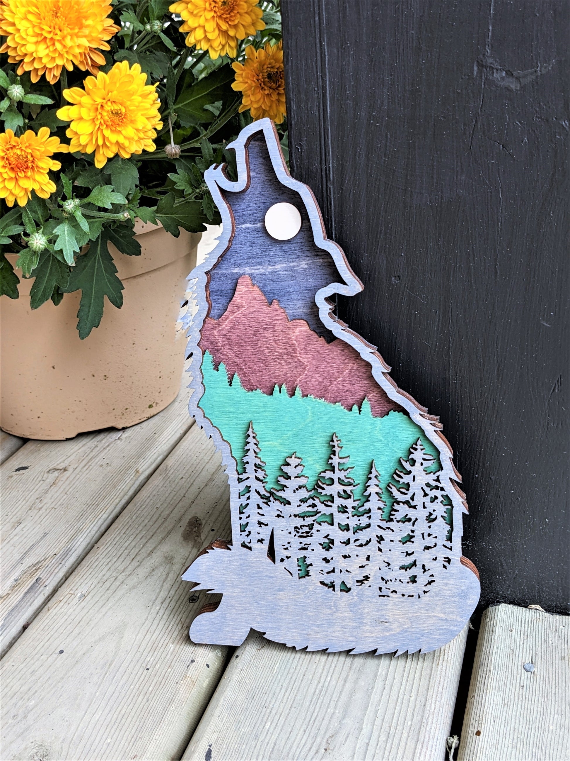 3D Layered Wooden Sitting Wolf art / Wolf shaped layered mountain scene Artwork 50.00