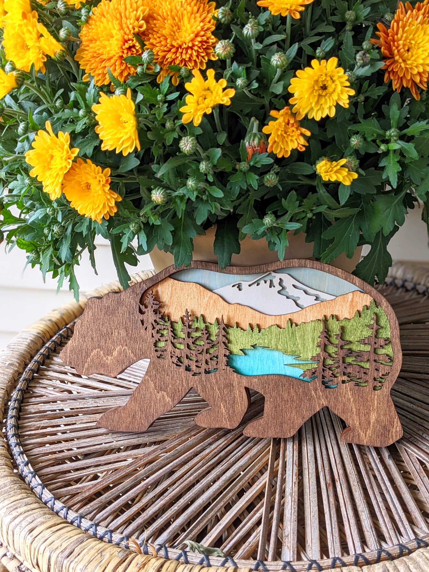 Bear shaped layered mountain scene / 3D Layered Wood Bear Artwork 50.00