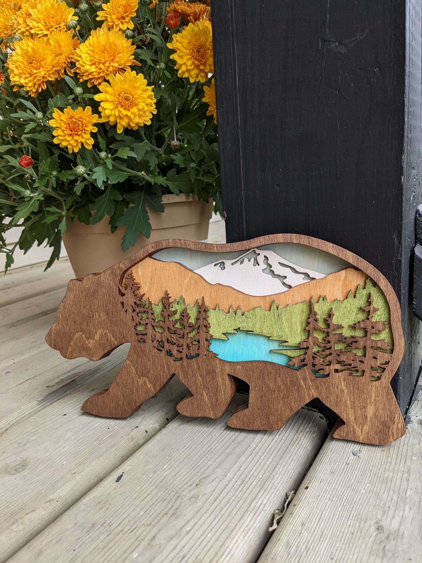 Bear shaped layered mountain scene / 3D Layered Wood Bear Artwork 50.00