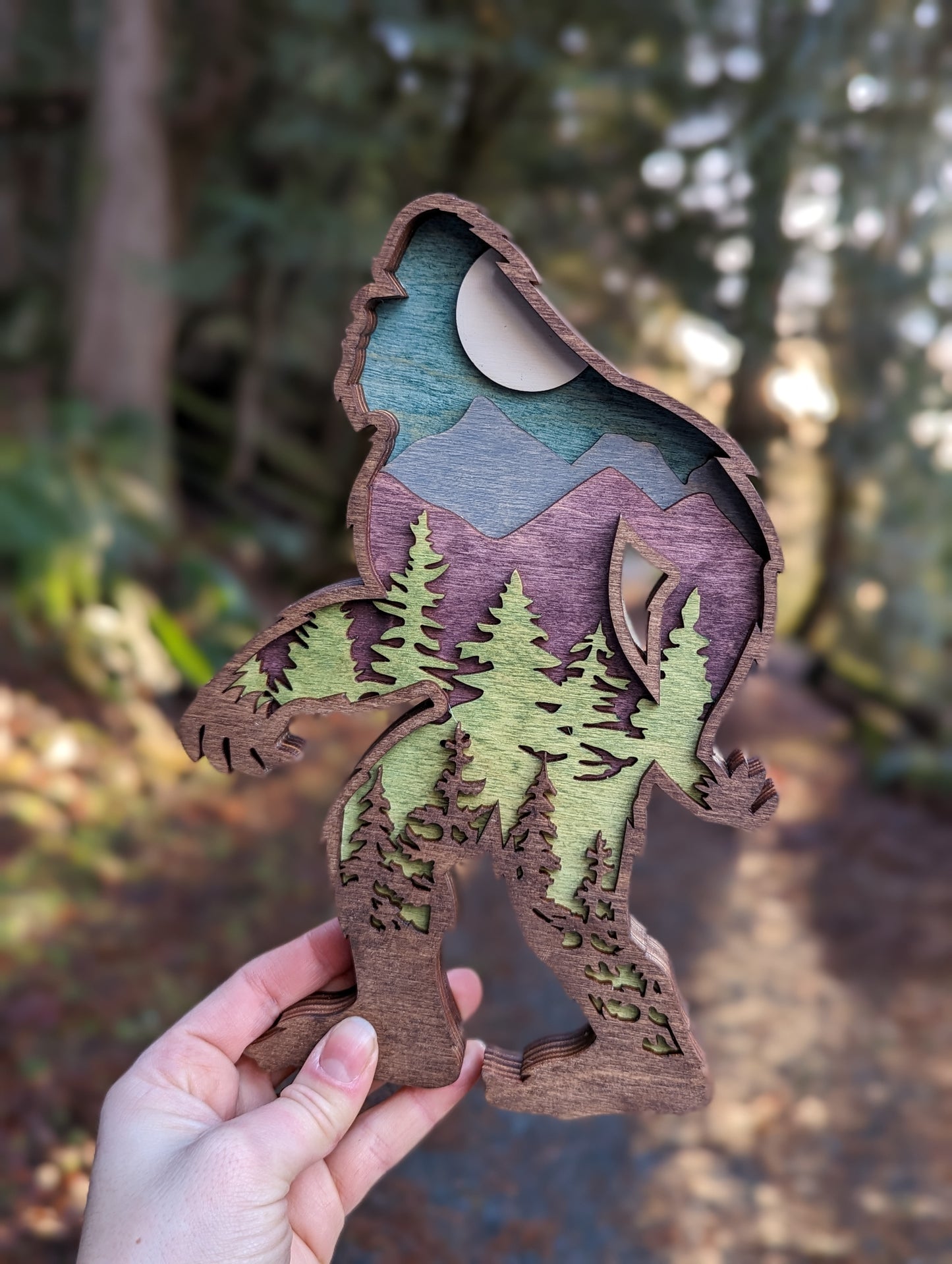 3D Layered Wooden Bigfoot Art / Sasquatch shaped layered mountain scene