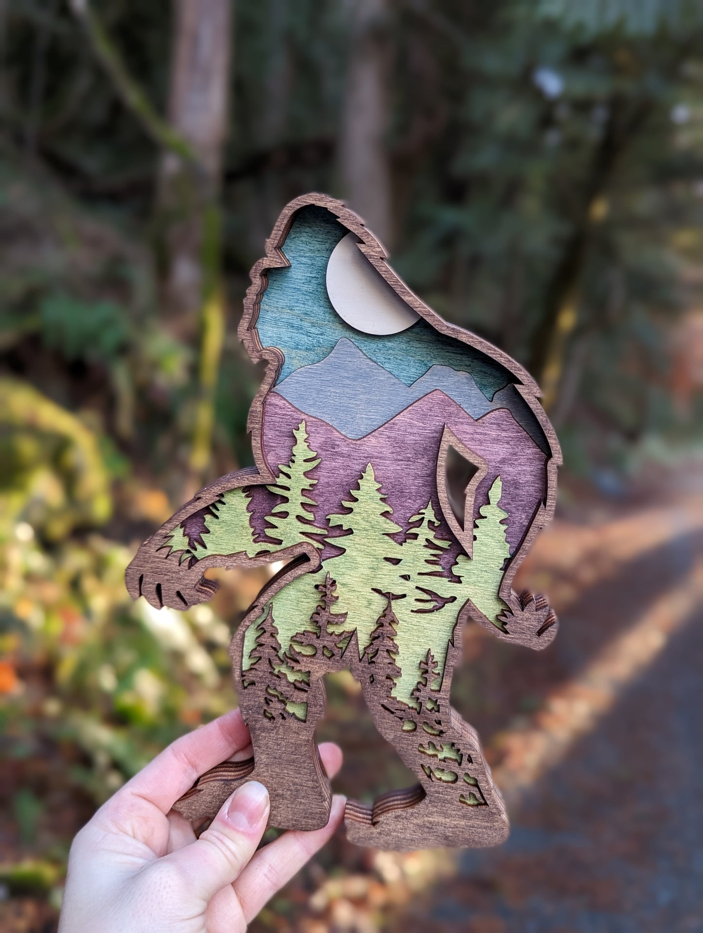 3D Layered Wooden Bigfoot Art / Sasquatch shaped layered mountain scene