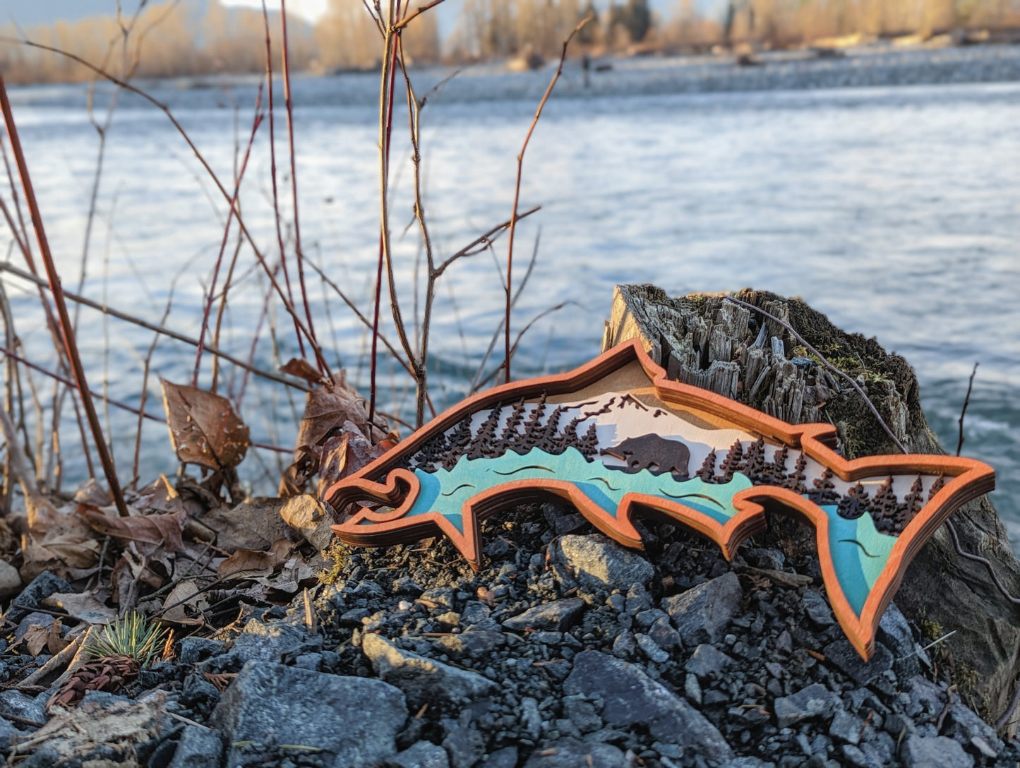 3D Layered Wooden Salmon Art / Salmon shaped layered mountain river scene