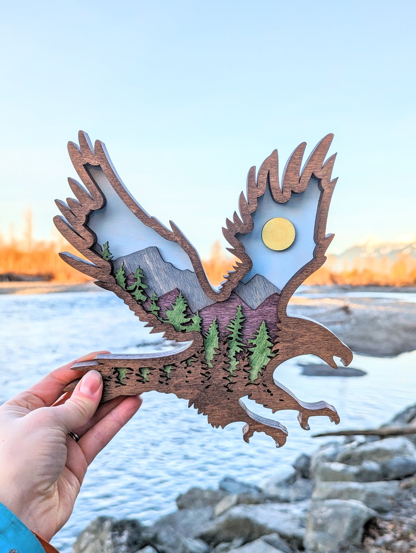 3D Layered Wooden Eagle Art / Eagle shaped layered mountain scene
