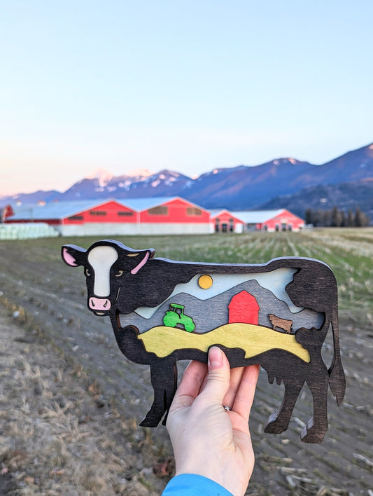 3D Layered Wooden Cow Art / Cow shaped layered farm scene