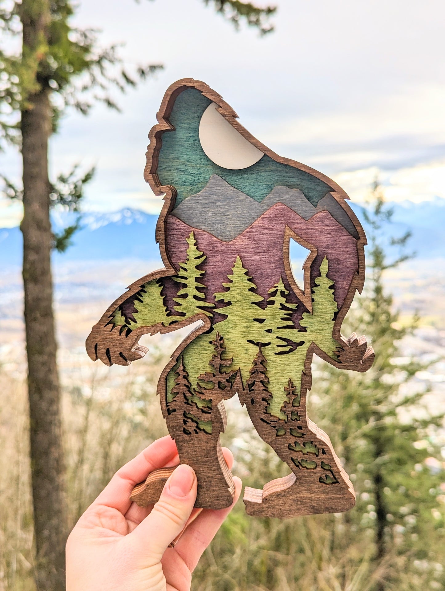 3D Layered Wooden Bigfoot Art / Sasquatch shaped layered mountain scene