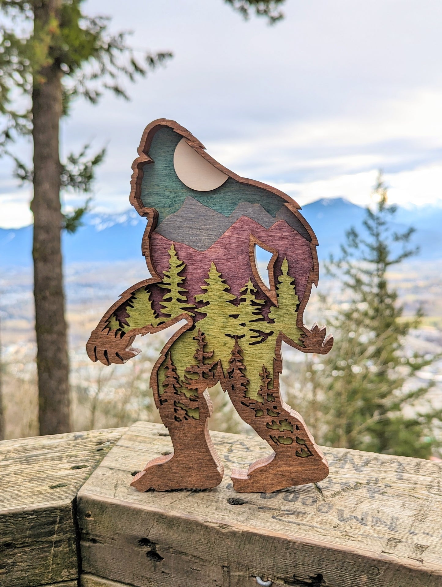 3D Layered Wooden Bigfoot Art / Sasquatch shaped layered mountain scene