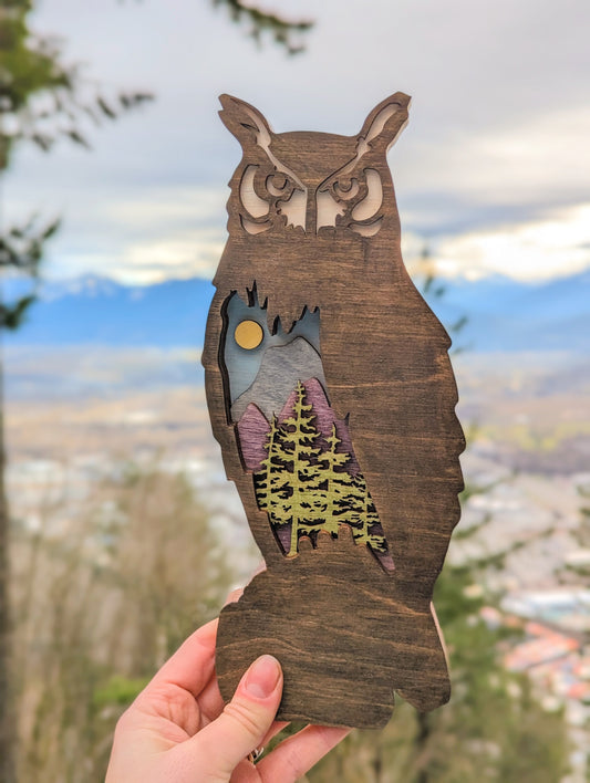 3D Layered Wooden Owl Art / Owl shaped layered mountain scene