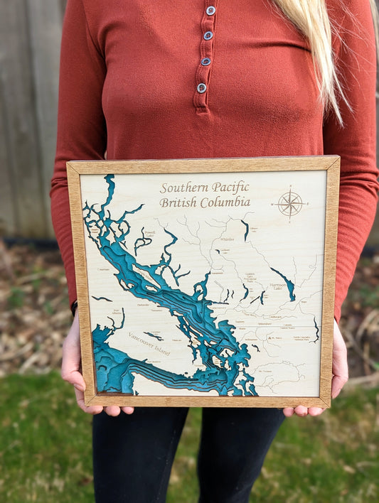 Southern Pacific British Columbia 3D layered Wooden Bathymetric Map